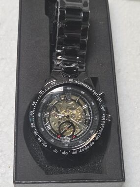 WINNER Black Skeleton Mechanical Watch with Tachymeter Bezel